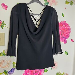 Black Dress Blouse Dressy Drape Front Open Back Flow Chiffon Vintage Made in USA